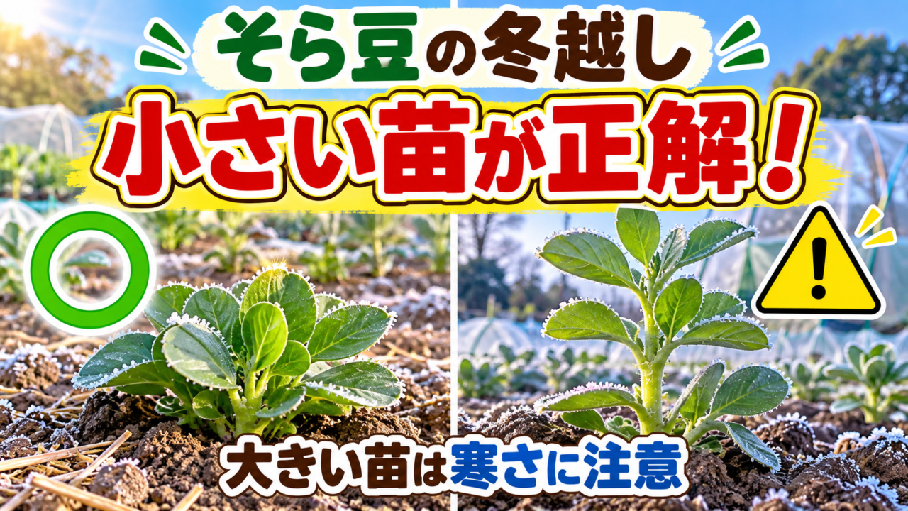 小さいそら豆苗の冬越しと霜対策を紹介するアイキャッチ