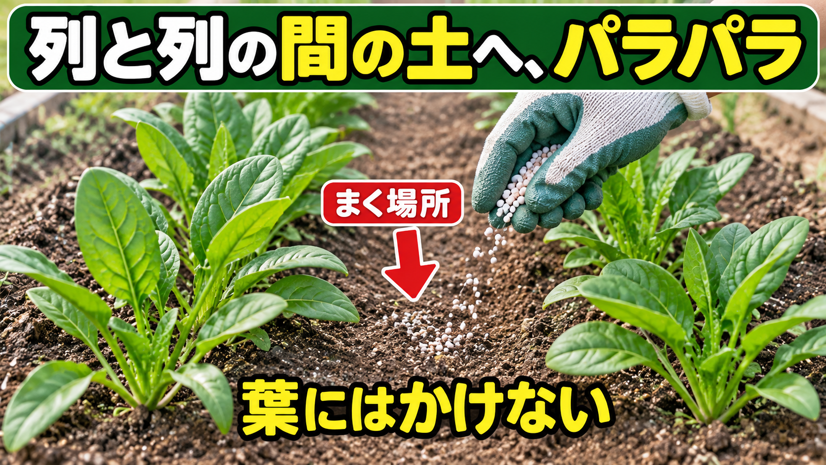 ほうれん草の2列の間の土へ粒状肥料を少しずつ散らす図