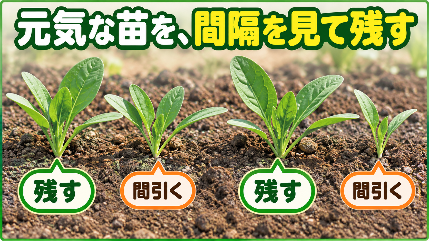 元気な苗を間隔を見て残すほうれん草の間引き図