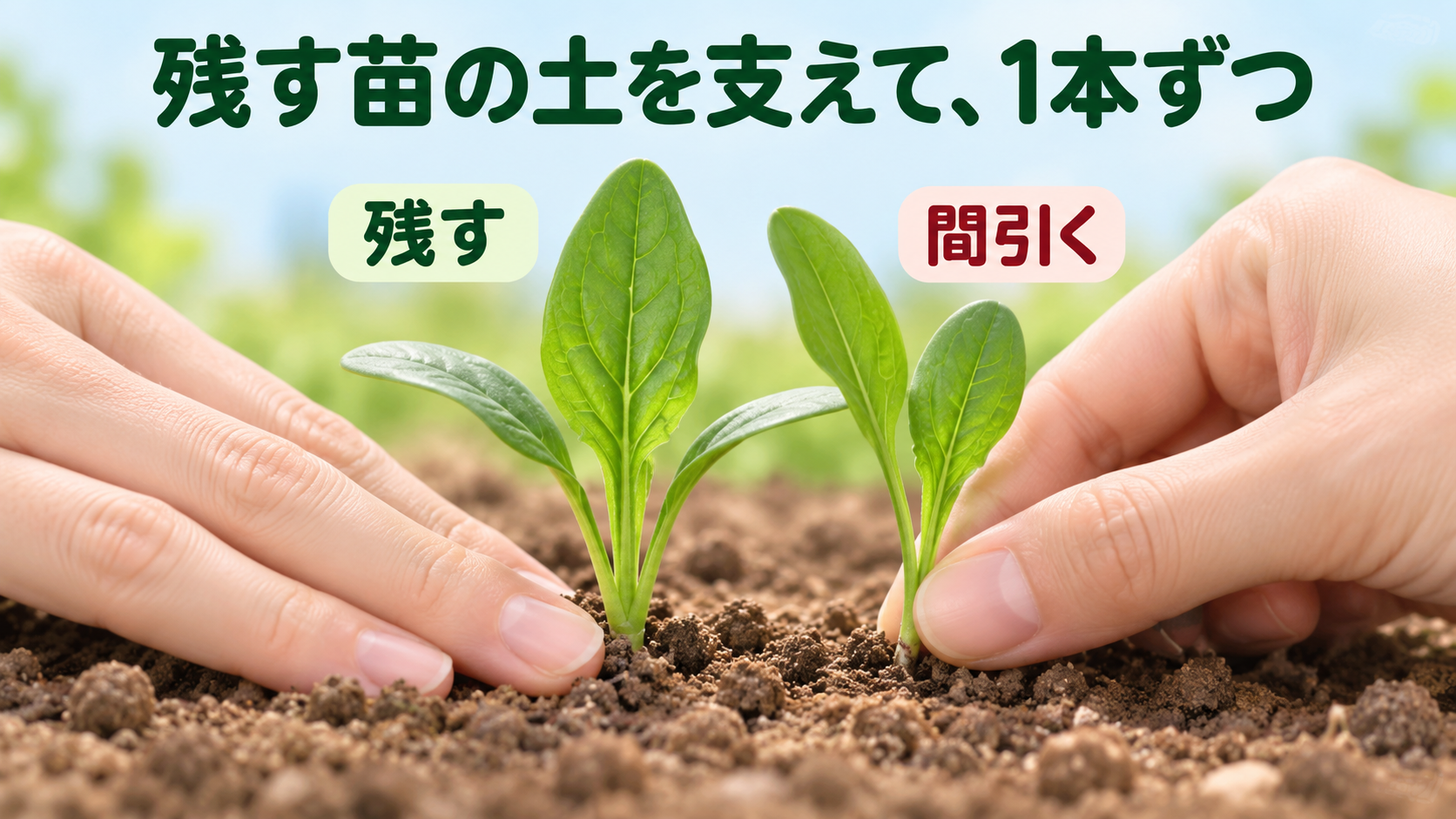 残すほうれん草の周りの土を支えて隣の苗を間引く手元
