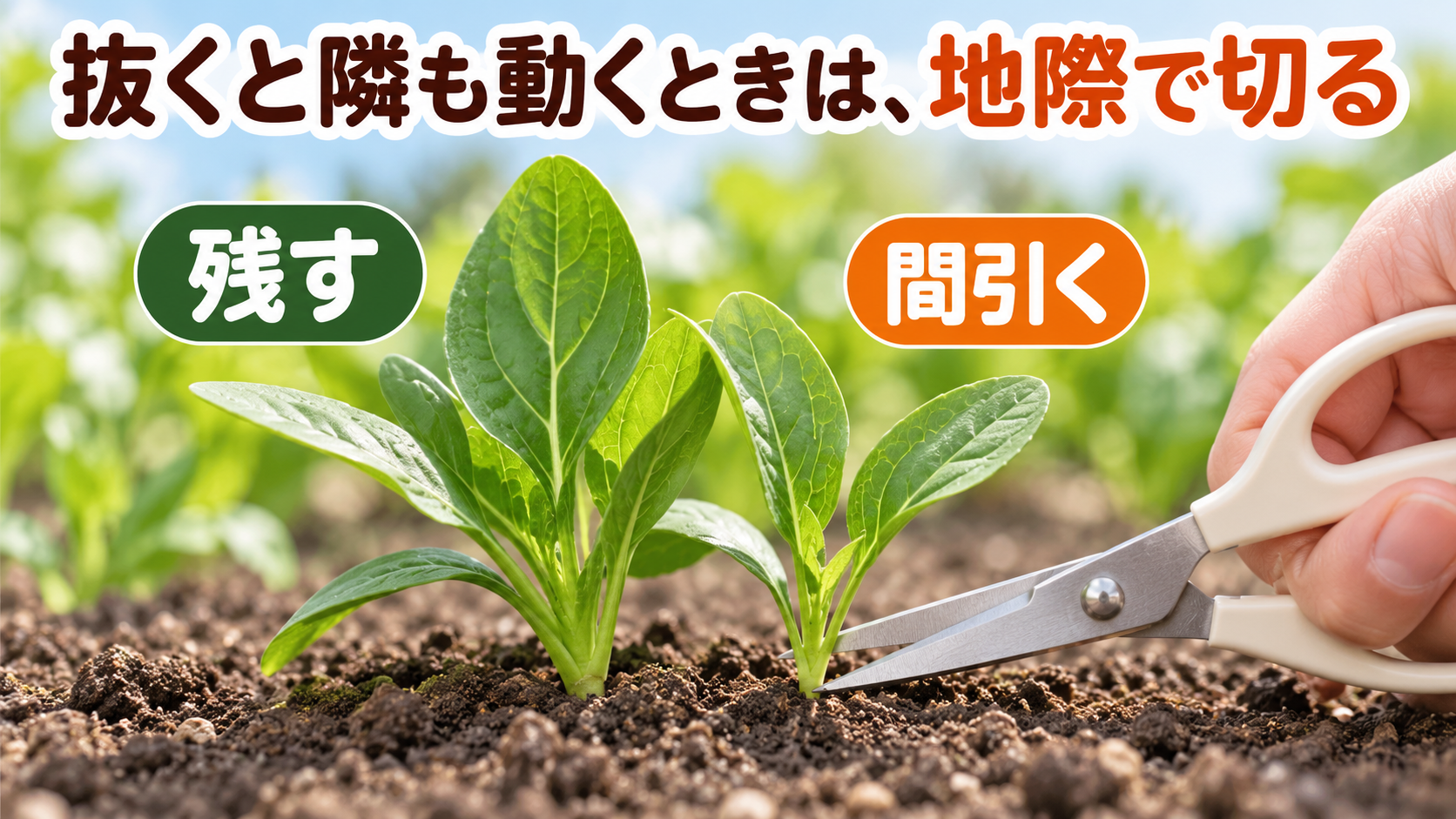 間引くほうれん草だけを地際で切るハサミの位置