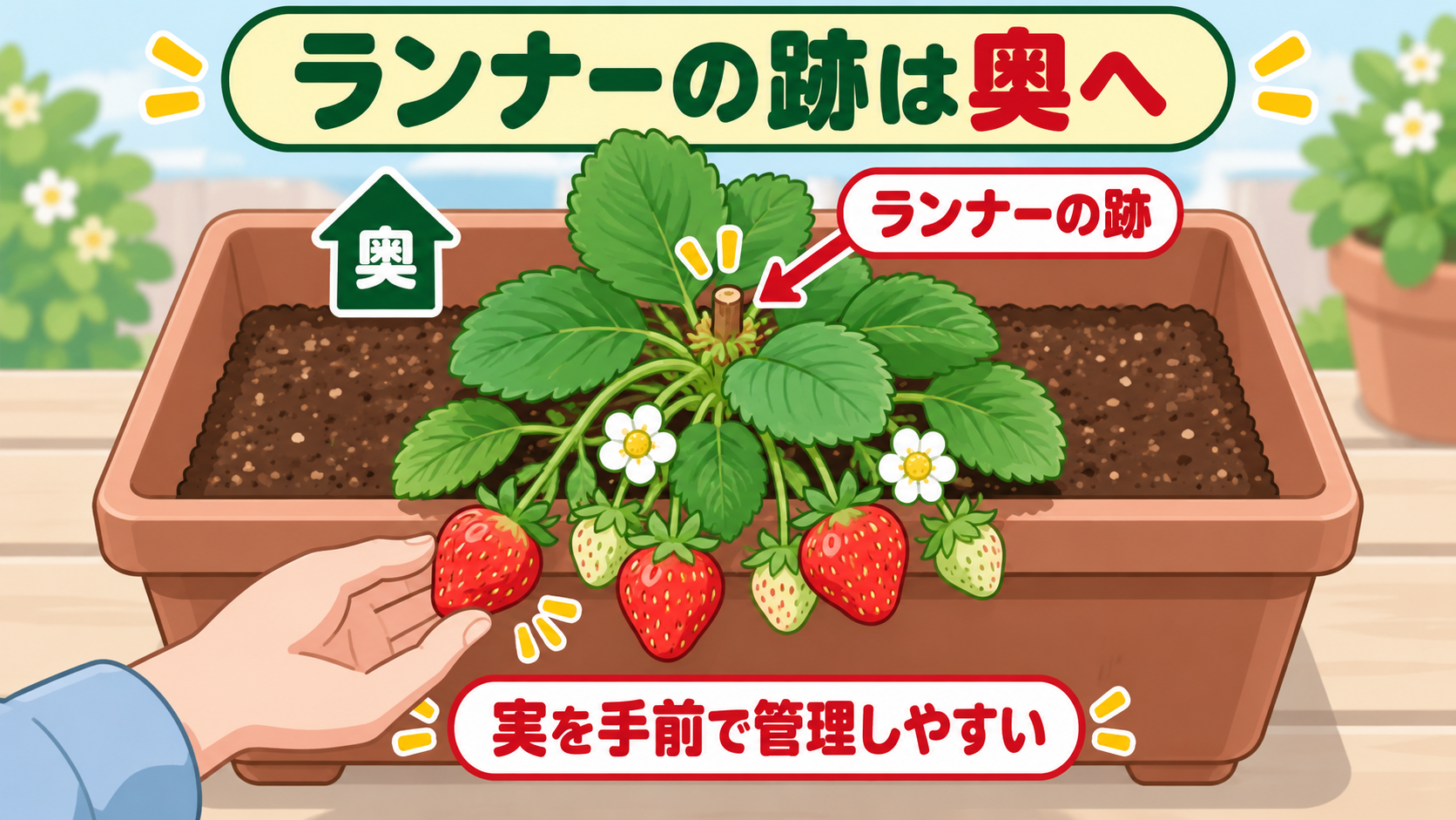 イチゴ苗のランナーの跡をプランターの奥へ向ける図解