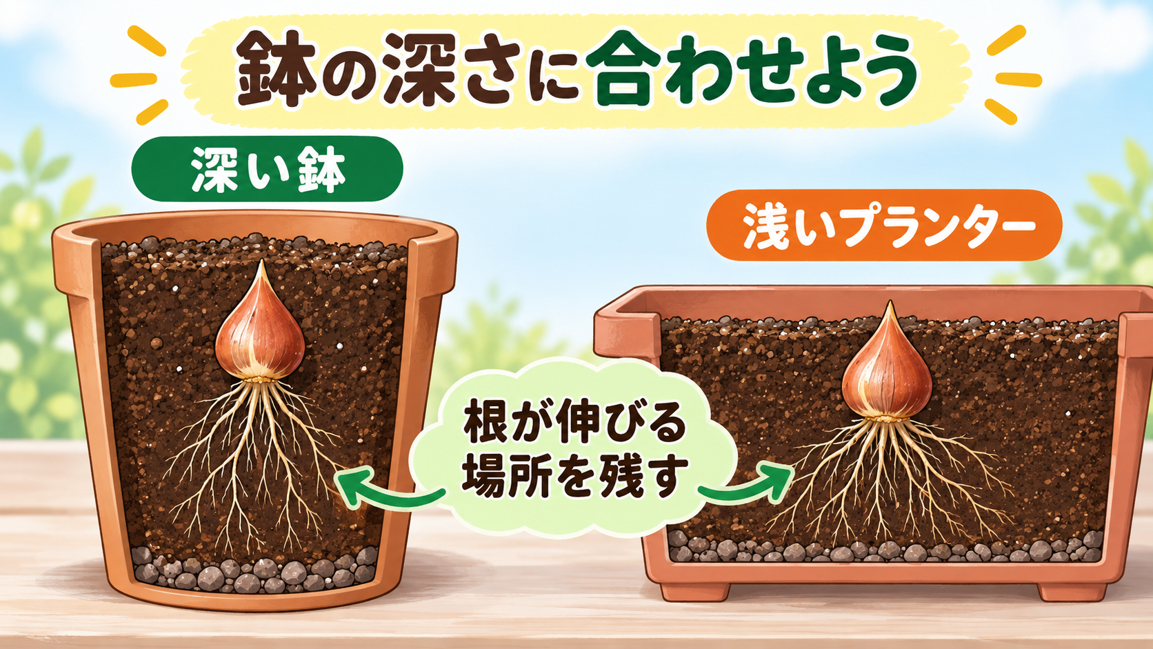 深い鉢と浅いプランターで変えるチューリップ球根の植え方図解