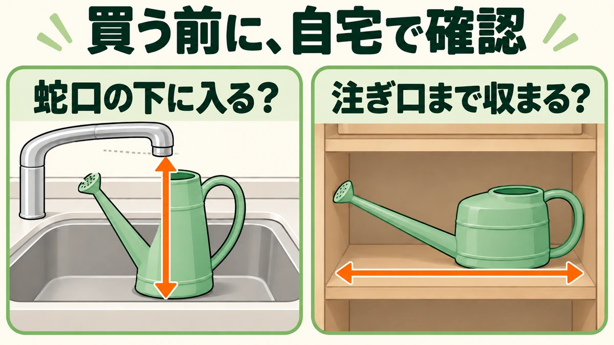 蛇口の下に入れる高さと、収納時の注ぎ口までの長さを確認する図