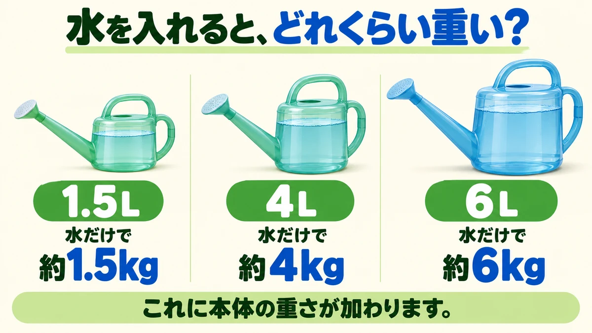 1.5L・4L・6Lの水の重さと、本体の重さも加わることを示す図
