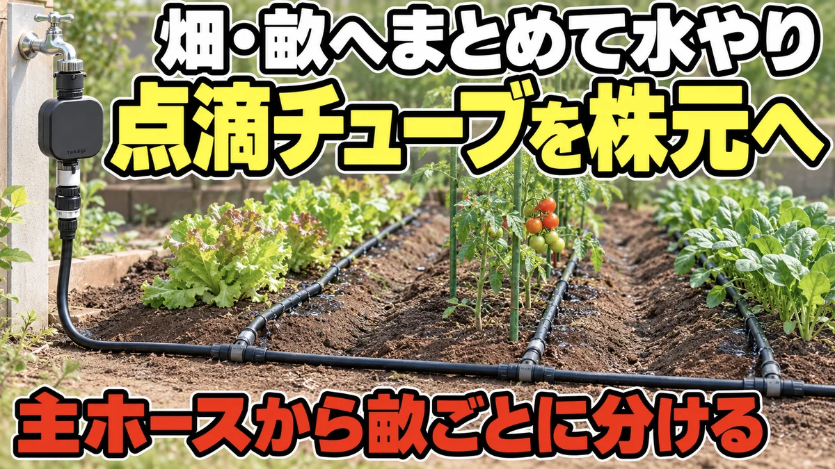 蛇口のタイマーから点滴チューブを畝の株元へ敷く説明画像