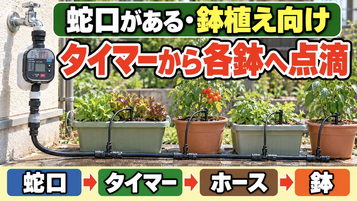 蛇口のタイマーからホースを分岐して複数の鉢へ点滴する説明画像