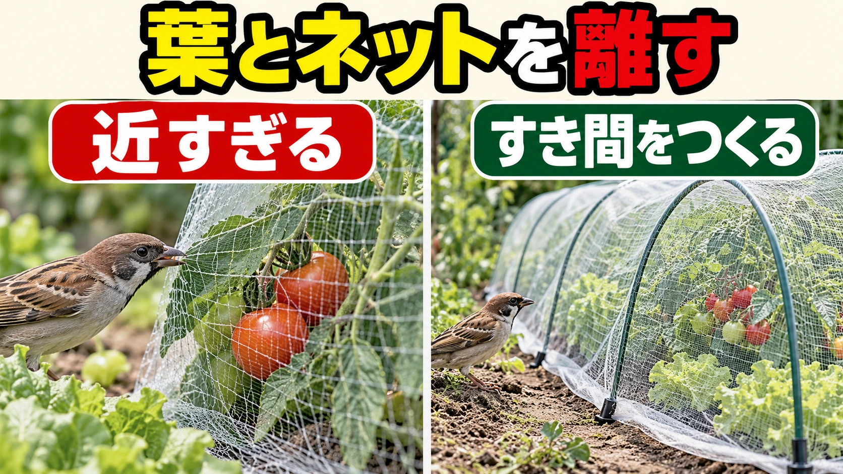 鳥のくちばしが届かないよう作物と防鳥ネットの間へ距離を取る図