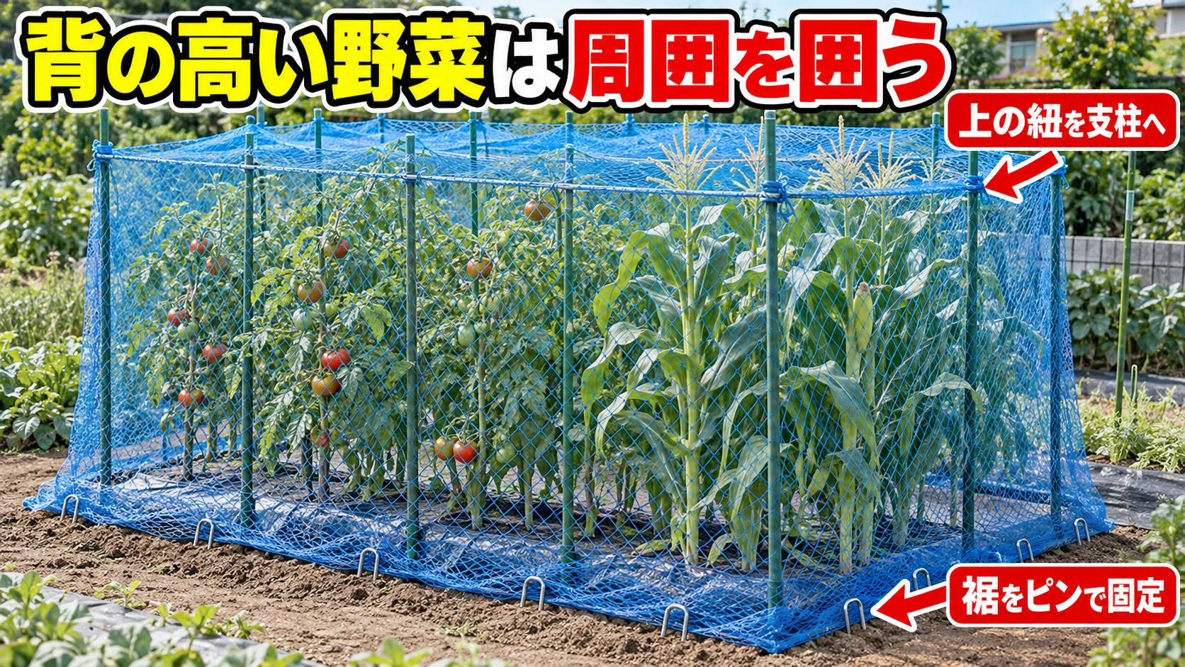 トマトやトウモロコシの周囲へ支柱を立て防鳥ネットで囲う図