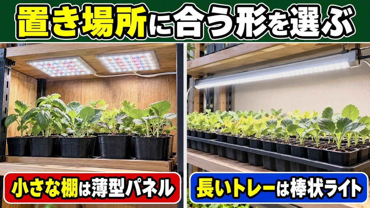 棚下の小型パネルと長い苗トレー用の棒状ライトを使い分ける図