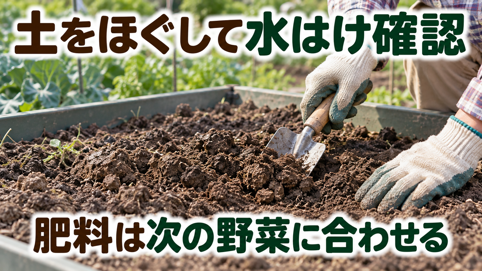 ブロッコリーの後作前に土をほぐして排水と肥料を確認する図
