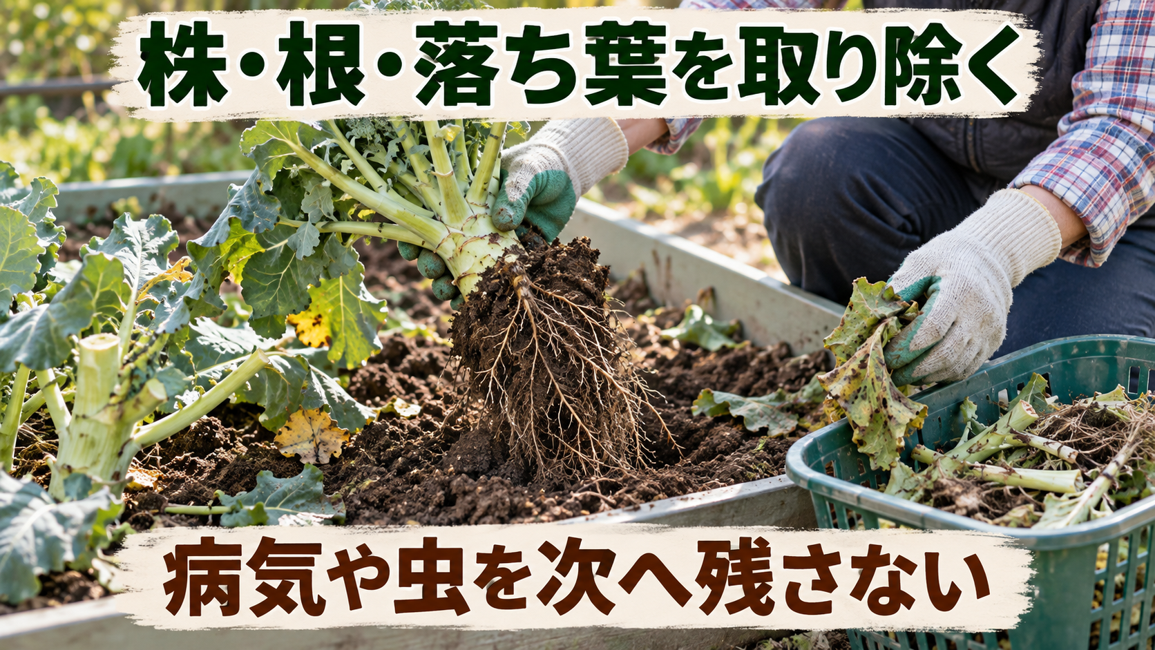 ブロッコリー収穫後に株、根、落ち葉を取り除く作業の図
