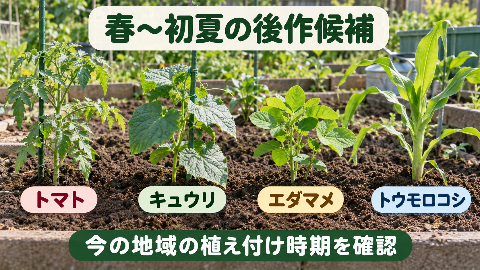 春から初夏のブロッコリーの後作候補としてトマト、キュウリ、枝豆、トウモロコシを示す図