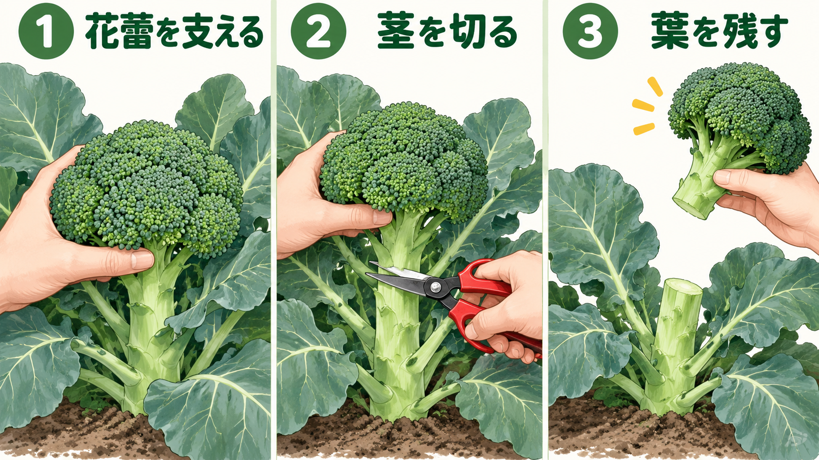花蕾を支えて中央の茎を切り、外葉を残して収穫する3段階の手順図