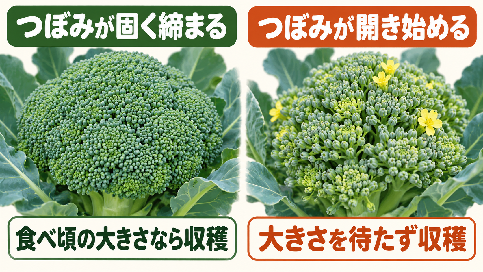 つぼみが締まった花蕾と、開き始めた花蕾の見分け方を比較する図
