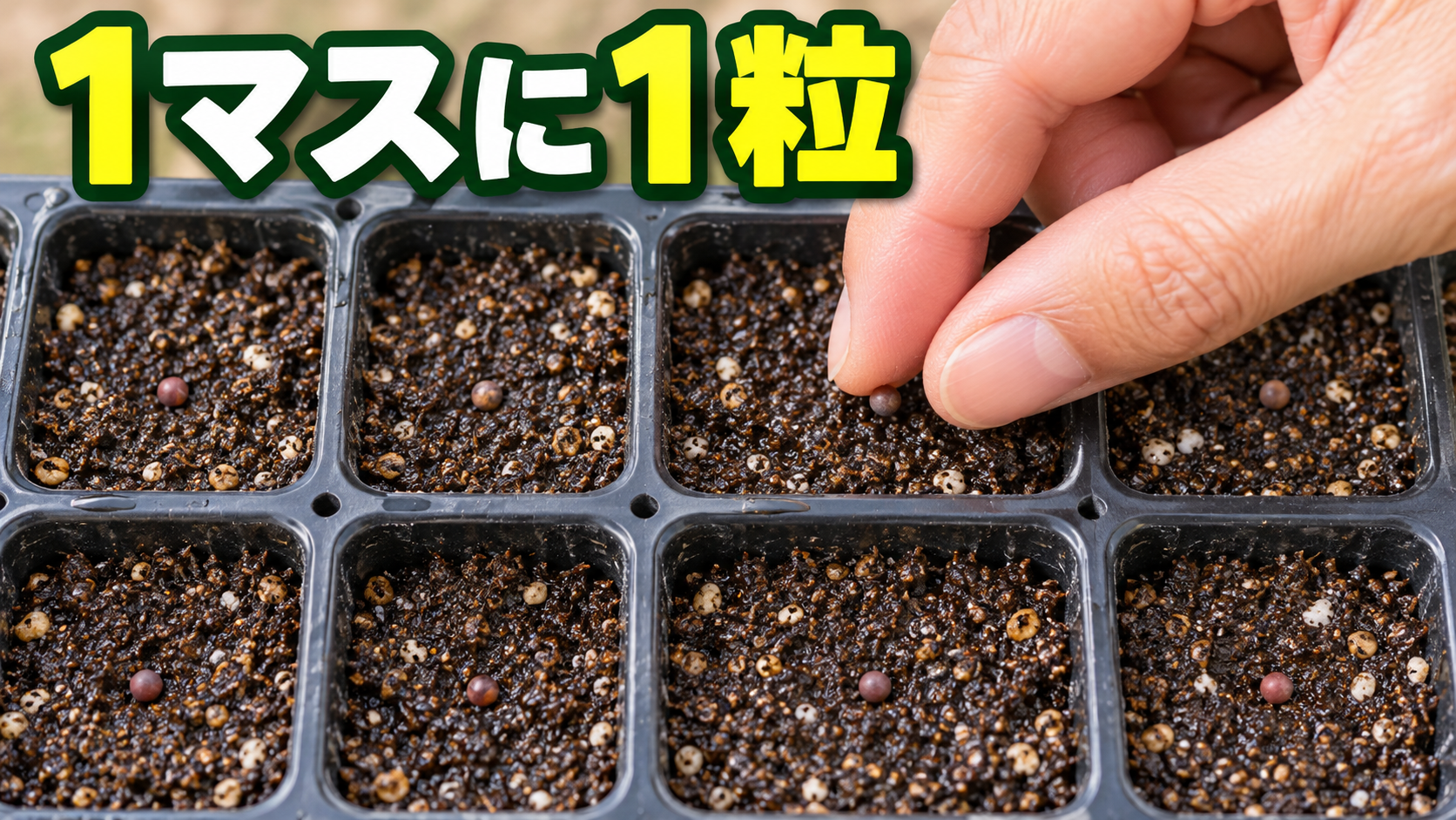 セルトレイへブロッコリーの種を1マスに1粒まく