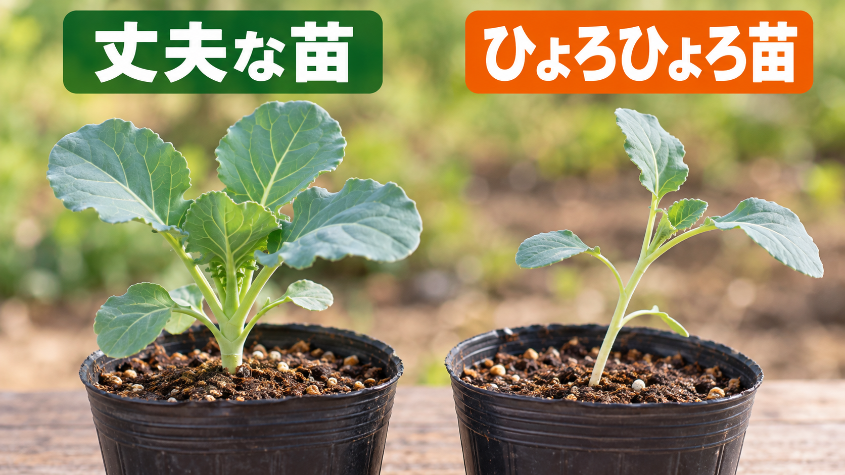 丈夫なブロッコリー苗とひょろひょろ苗の違い