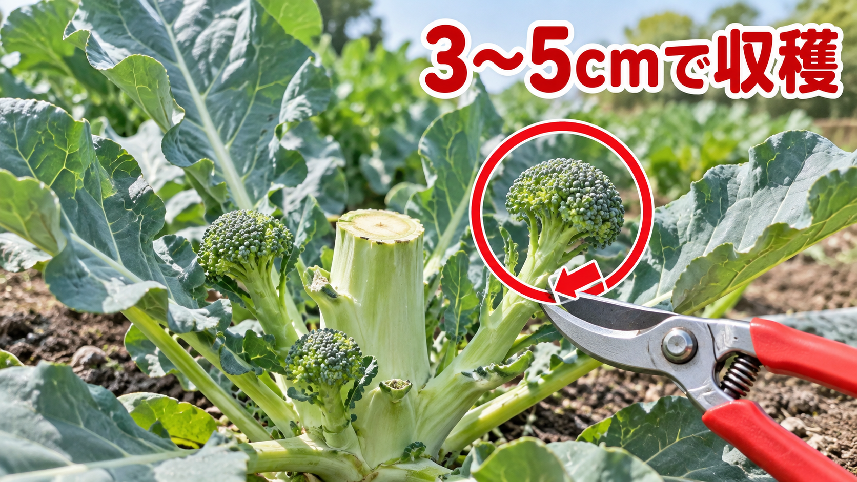 3~5cmに育ったブロッコリーのわき芽とハサミで切る位置