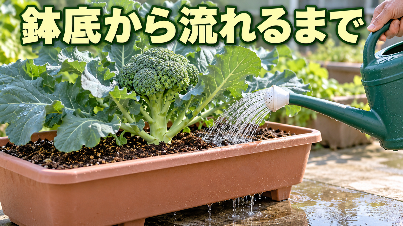 ブロッコリーの株元へ水を与えて鉢底から流れるまで確認する