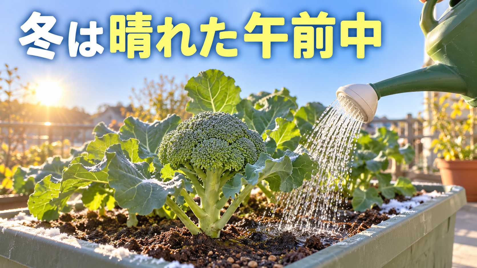 冬の晴れた午前中にプランターのブロッコリーへ水やりする