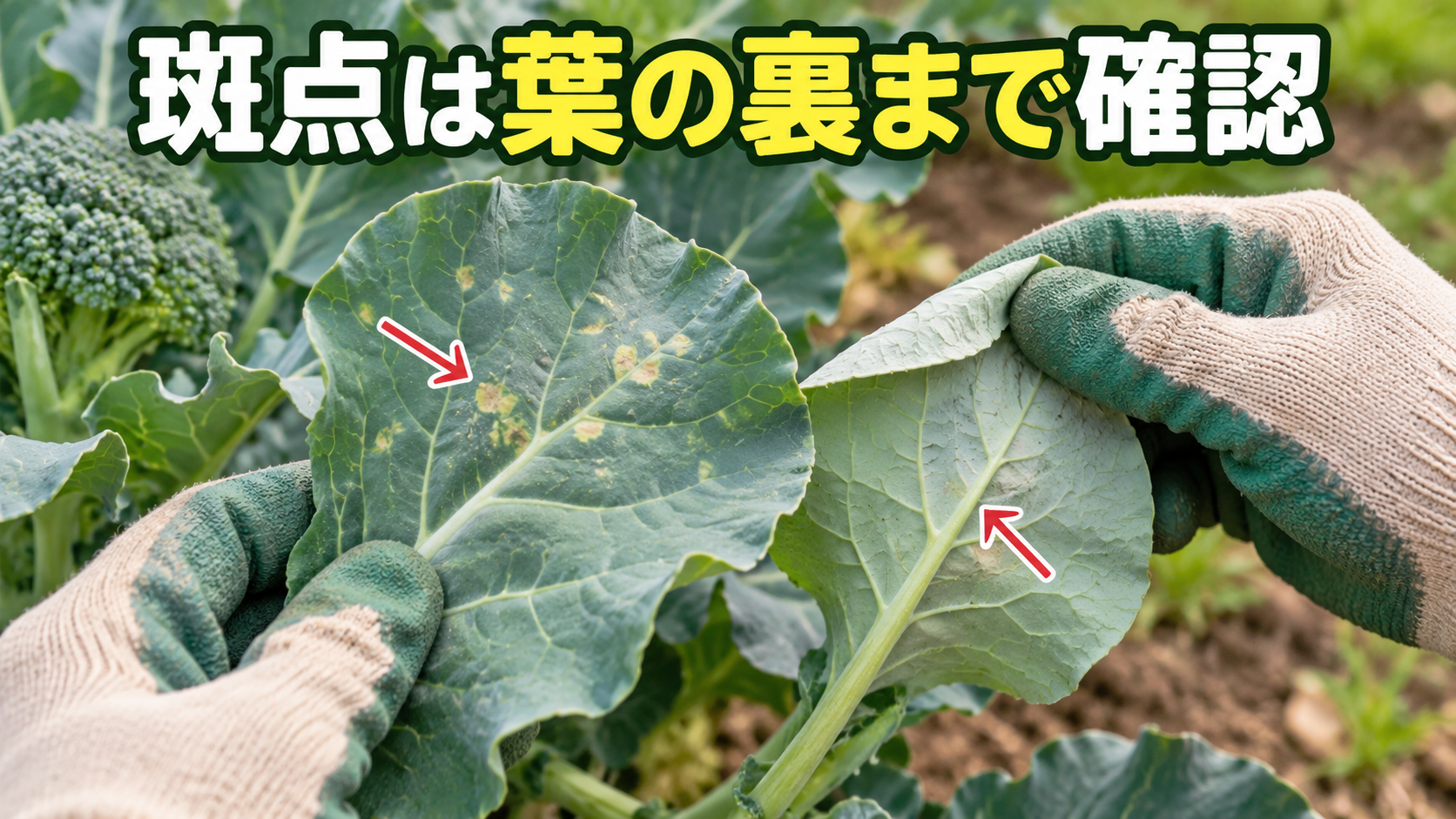 斑点があるブロッコリーの葉を裏側まで確認する