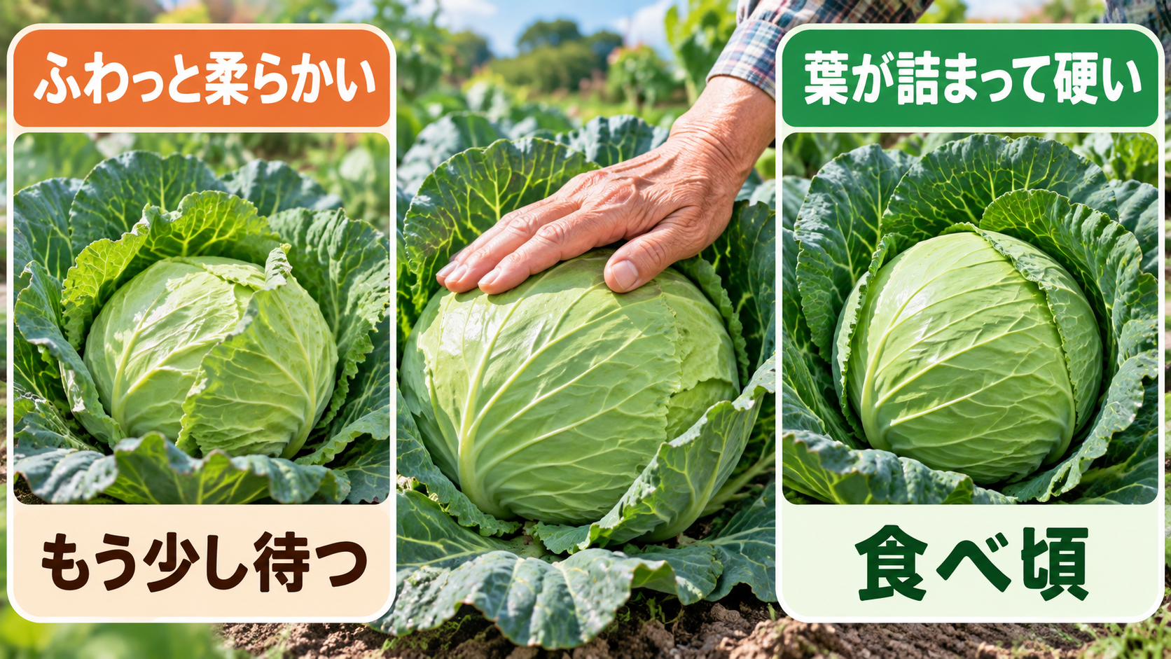 キャベツの頭をやさしく押して締まりを確かめる方法