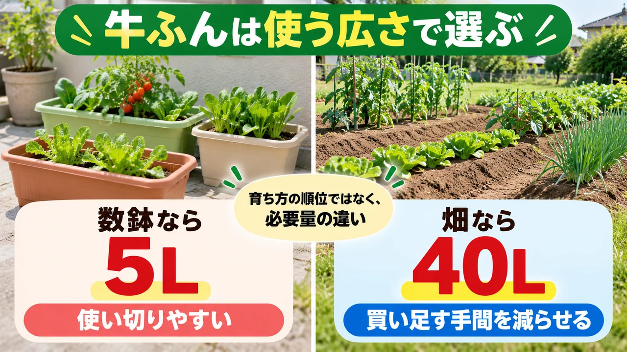 牛ふん堆肥5Lと40Lを袋ではなく使う広さで選ぶ比較図