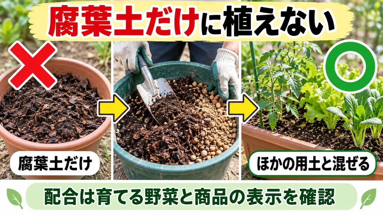 腐葉土は単体ではなくほかの用土と混ぜて使う説明図