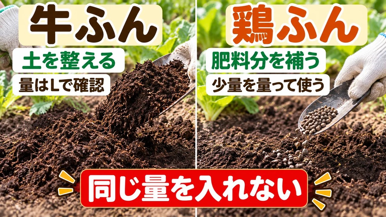 牛ふんは土を整え鶏ふんは肥料分を補う違いの図