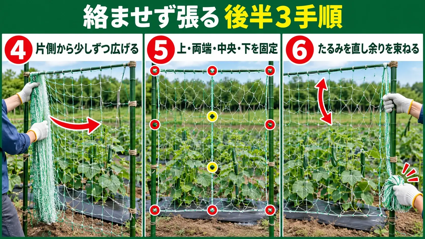きゅうりネットを絡ませず張る後半4から6の手順