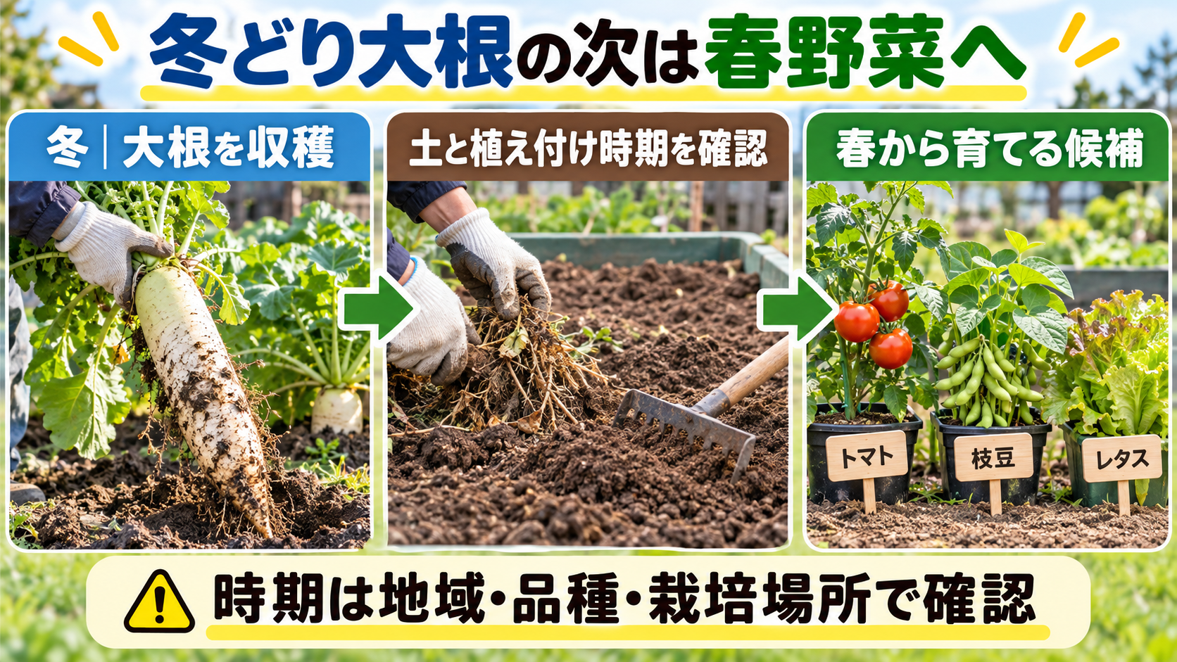 冬どり大根の収穫から春野菜の植え付けまでの流れ