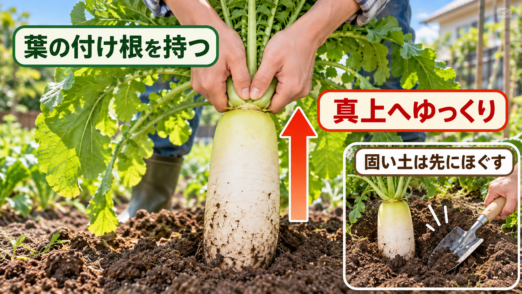 大根を真上へまっすぐ抜く収穫方法