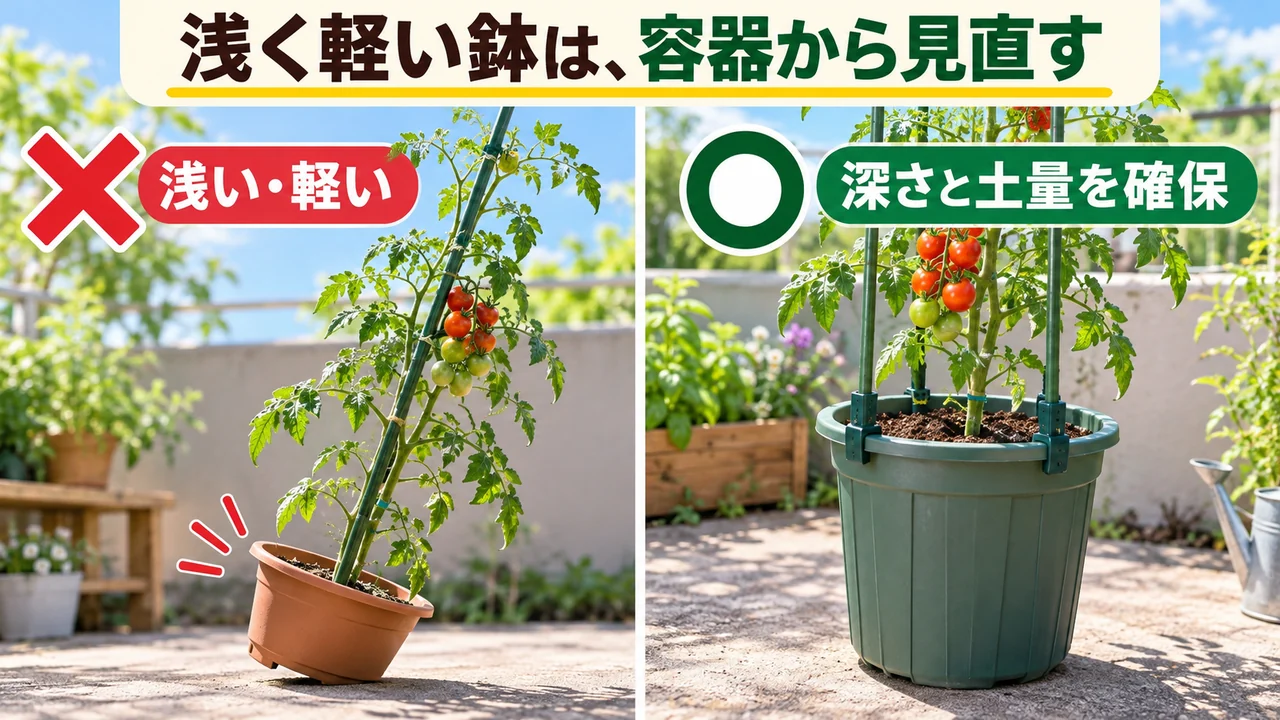 浅く軽い鉢と土量を確保した深型プランターを比べる図