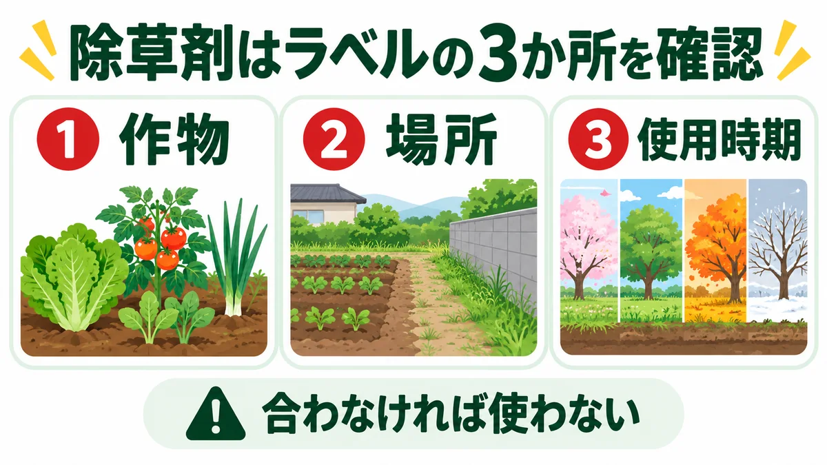除草剤を買う前に作物・場所・使用時期を確認する図