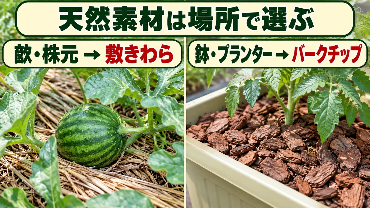 畝と株元には敷きわら、鉢とプランターにはバークチップを使う違い