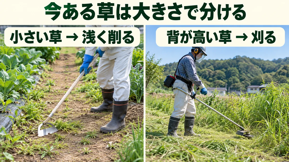小さい草は浅く削り背の高い草は草刈機で短くする違い