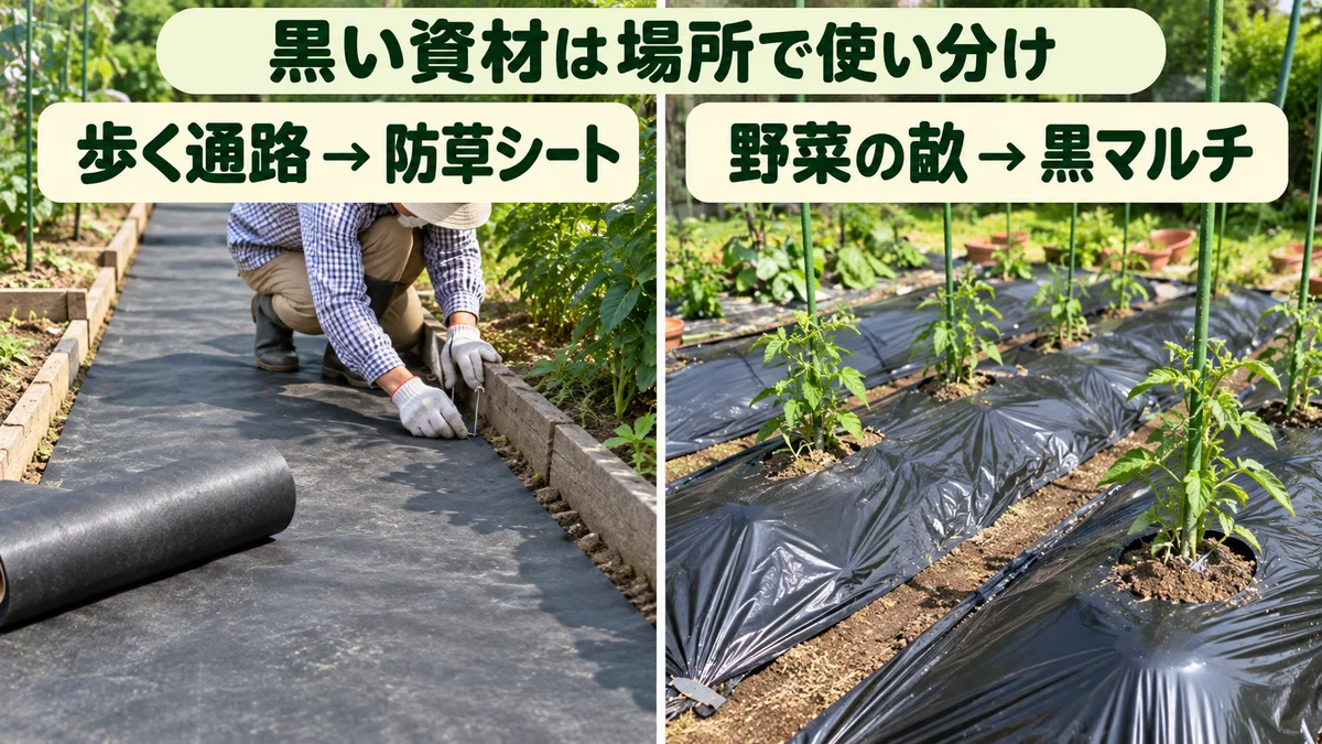 人が歩く通路には防草シート、野菜を植える畝には黒マルチを使う違い
