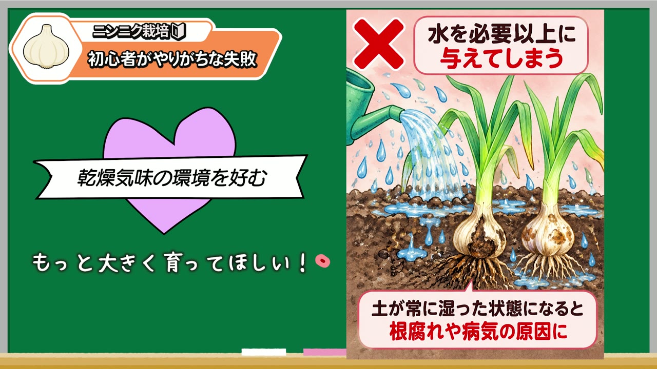水を与えすぎて土が常に湿る状態への注意を示す動画の図