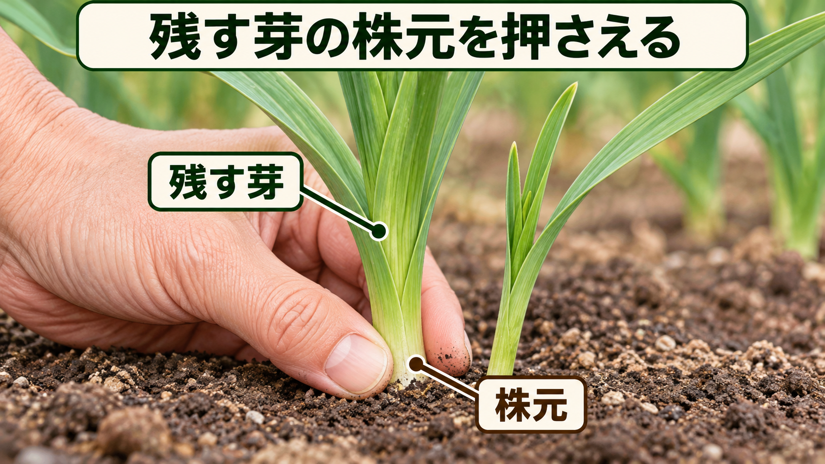 残すニンニクの芽の株元を土に近い位置で押さえる説明図解
