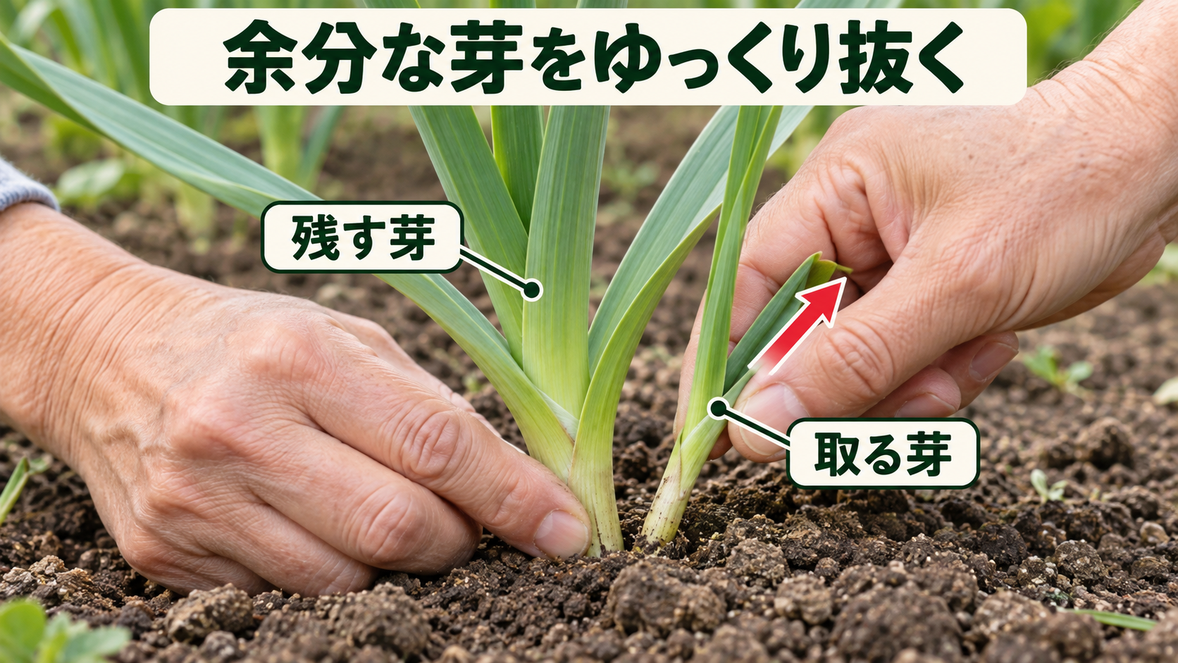 残す芽を支えながら余分な芽の根元を持ち斜め上へゆっくり抜く説明図解