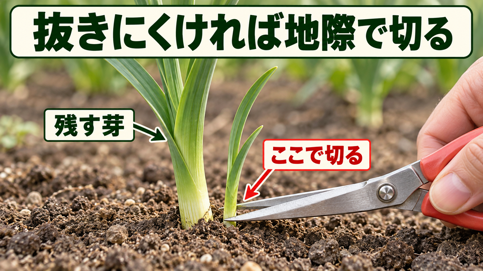 残す芽を傷めず余分な芽だけを土の表面すれすれで切る説明図解