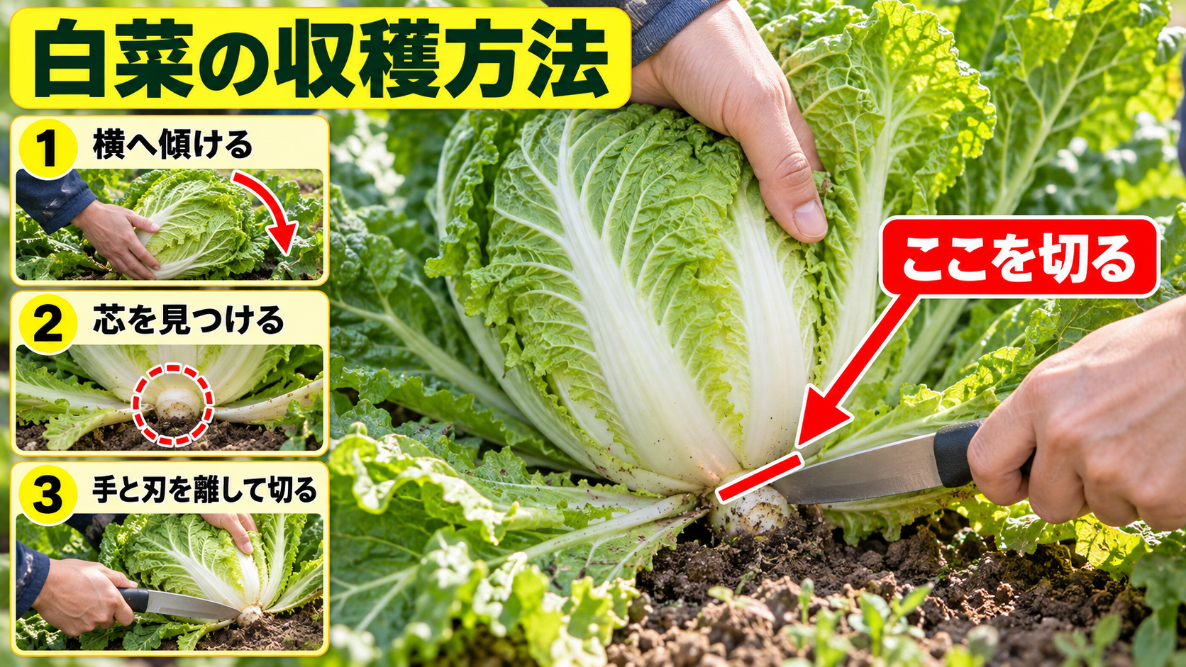 白菜を傾けて外葉と結球部の間の芯を切る位置