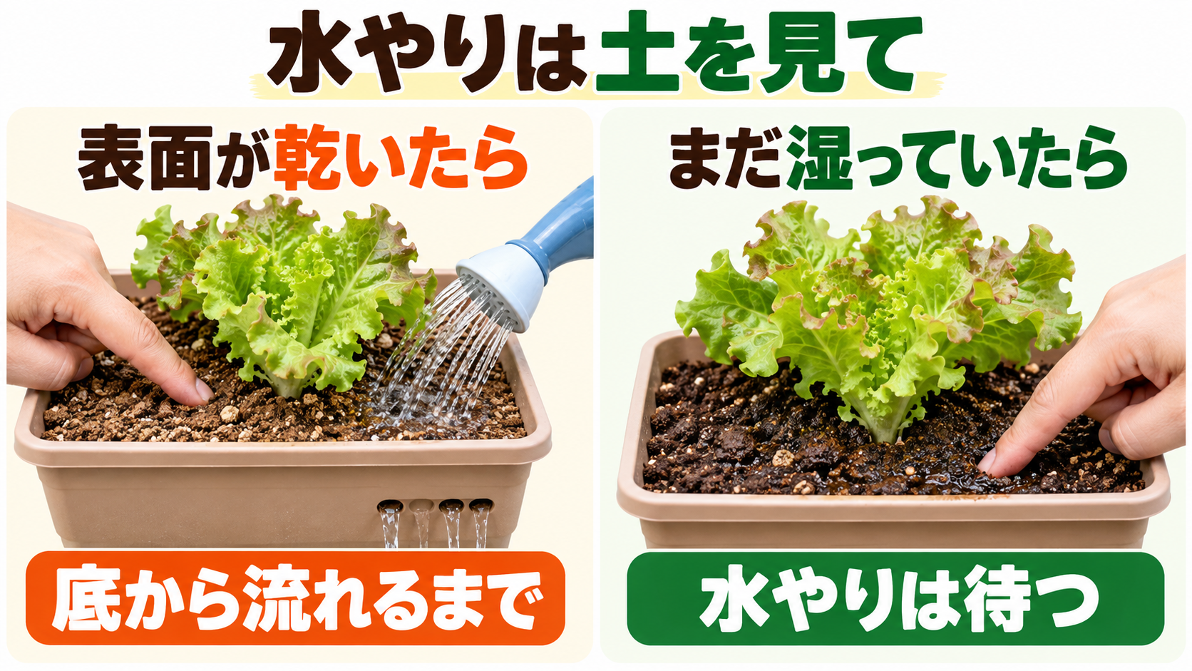 土が乾いたら水を与え、湿っている時は待つ図