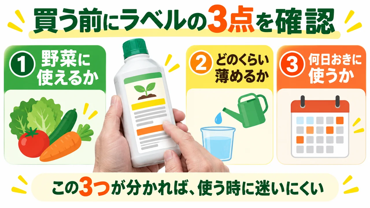 液体肥料を買う前に対象植物、薄める倍率、使用間隔を確認する図