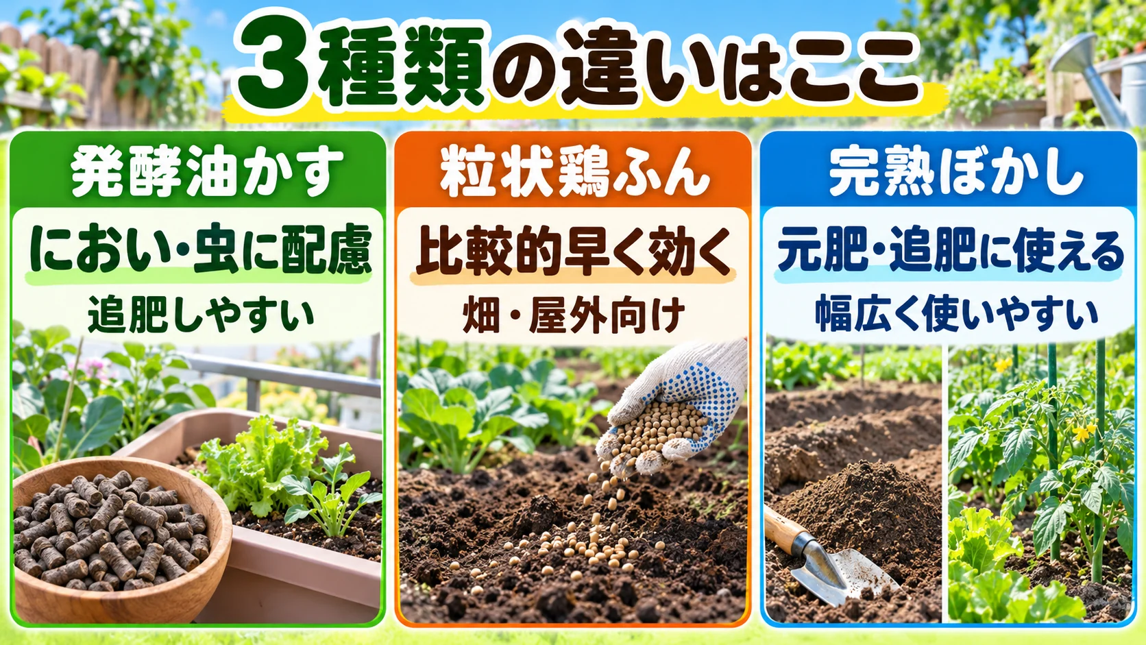 発酵油かす・粒状鶏ふん・完熟ぼかしの使い方の違いを比べる図