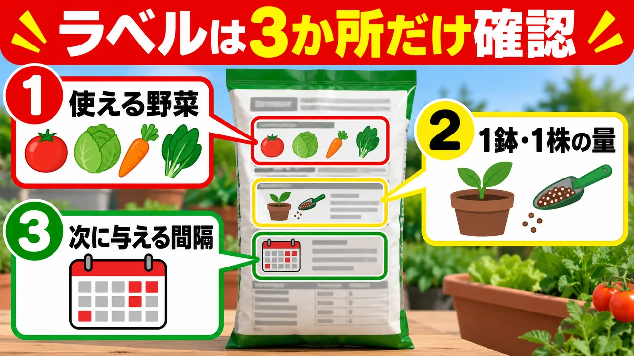 肥料を使う前に対象野菜・1鉢1株の量・次の間隔を確認する図