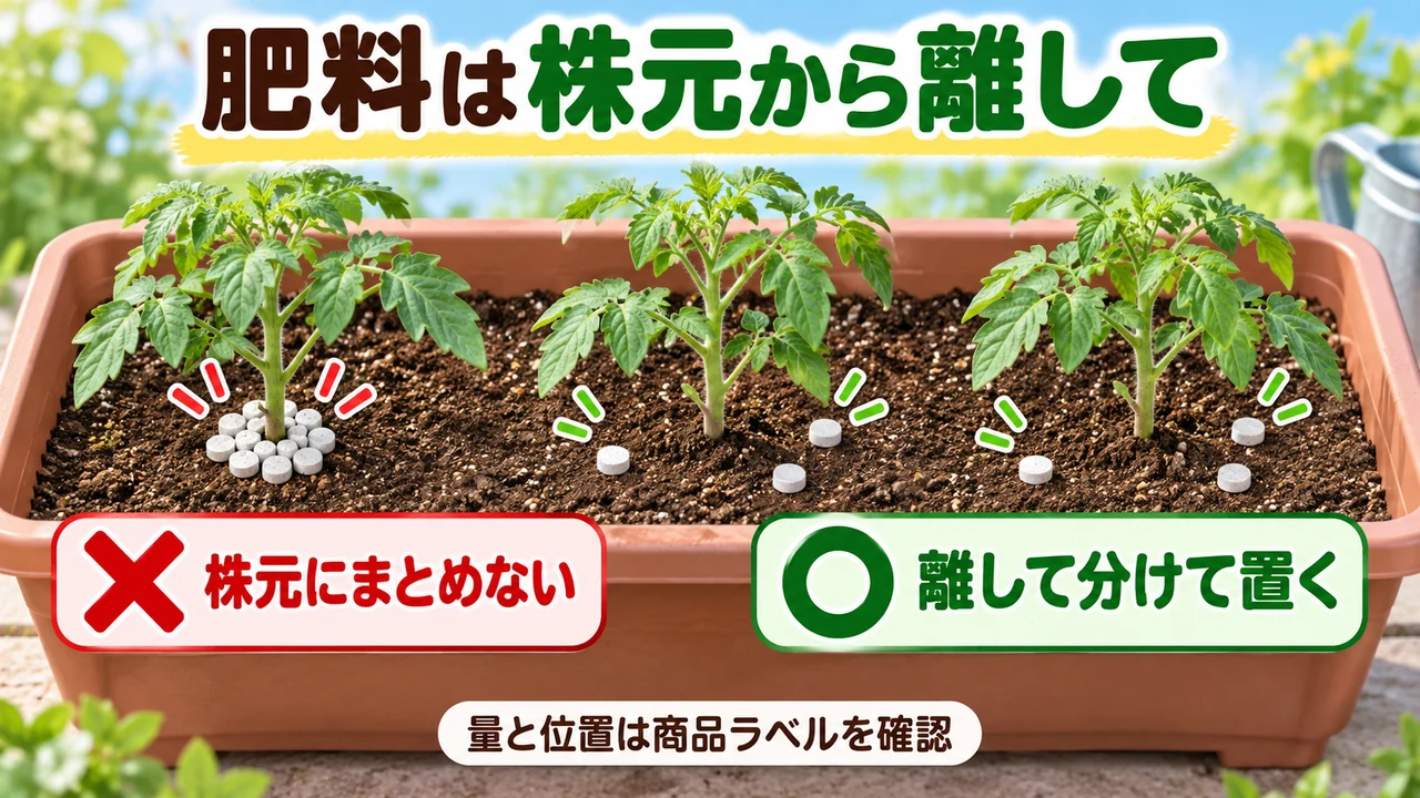 プランターの肥料を株元にまとめず離して分けて置く図