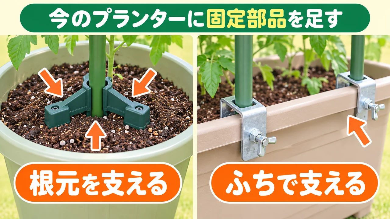 支柱の根元またはプランターのふちを固定部品で支える図