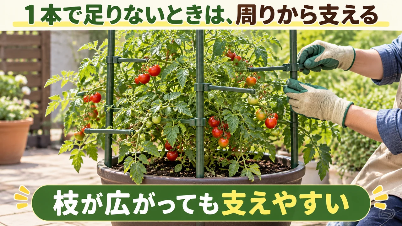 1本支柱で足りない株を3本の支柱で周囲から支える図