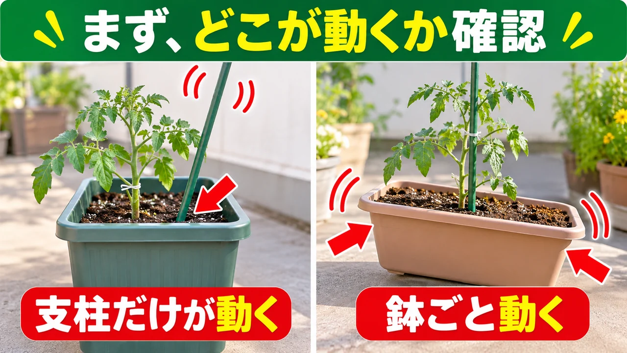 プランターの支柱だけが動く場合と鉢ごと動く場合を見分ける図